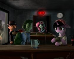 Size: 3000x2400 | Tagged: safe, artist:thatdreamerarts, imported from derpibooru, oc, oc only, earth pony, pegasus, pony, unicorn, fallout equestria, clock, fallout, mug, nuka cola, pipbuck, pool table