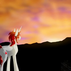 Size: 5800x5800 | Tagged: safe, artist:florarena-kitasatina/dragonborne fox, imported from derpibooru, oc, oc only, oc:crimson flame, pony, unicorn, absurd resolution, and now for something completely different, cel shading, cloud, scenery, shading, signature, solo, sunset, watermark