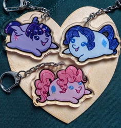 Size: 500x529 | Tagged: safe, artist:dojerodesigns, imported from derpibooru, pinkie pie, rarity, twilight sparkle, alicorn, earth pony, pony, unicorn, chibi, craft, female, keychain, mare, merchandise, photo, smiling, twilight sparkle (alicorn)