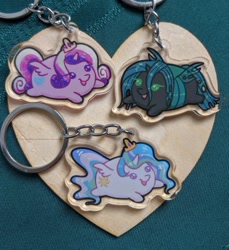 Size: 500x545 | Tagged: safe, artist:dojerodesigns, imported from derpibooru, princess cadance, princess celestia, queen chrysalis, alicorn, changeling, changeling queen, pony, chibi, craft, cute, cutealis, cutedance, cutelestia, female, keychain, mare, merchandise, photo, smiling