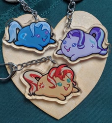 Size: 500x548 | Tagged: safe, artist:dojerodesigns, imported from derpibooru, starlight glimmer, sunset shimmer, trixie, pony, unicorn, chibi, craft, cute, diatrixes, female, glimmerbetes, keychain, mare, merchandise, photo, shimmerbetes, smiling