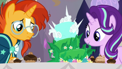 Size: 1920x1080 | Tagged: safe, imported from derpibooru, screencap, starlight glimmer, sunburst, pony, unicorn, student counsel, cake, cupcake, equinox cake, food