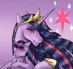 Size: 1575x1492 | Tagged: safe, artist:kyrabermanelly, imported from derpibooru, twilight sparkle, alicorn, pony, unicorn, the last problem, end of ponies, hug, older, older twilight, princess twilight 2.0, self ponidox, time paradox, twilight sparkle (alicorn), unicorn twilight