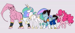 Size: 5000x2201 | Tagged: safe, artist:the-blackeye, imported from derpibooru, pinkie pie, princess celestia, alicorn, alien, earth pony, pegasus, pony, cloven hooves, crossover, dragon ball, dragon ball z, female, flowing mane, horn, majin boo, majin buu, male, mare, sharp teeth, stallion, teeth, vegito, wings