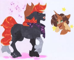 Size: 3633x2943 | Tagged: safe, artist:frozensoulpony, imported from derpibooru, oc, oc only, oc:arkansas black, oc:bramley apple, earth pony, pony, unicorn, hat, offspring, parent:applejack, parent:jet set, parents:applejet, traditional art