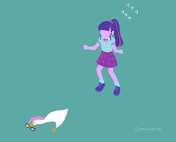 Size: 1948x1574 | Tagged: safe, artist:5mmumm5, imported from derpibooru, pinkie pie, sci-twi, twilight sparkle, bird, goose, human, equestria girls, female, glasses, simple background, species swap, stealing, untitled goose game