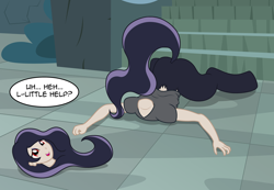 Size: 3232x2240 | Tagged: safe, artist:badumsquish, derpibooru exclusive, imported from derpibooru, the headless horse, dullahan, hybrid, satyr, castle of the royal pony sisters, disembodied head, embarrassed, eyeshadow, face down ass up, faceplant, female, headless, looking at you, makeup, modular, pale skin, parent:headless horse, parent:oc:anon, pratfall, raised tail, red eyes, solo, stairs, tail