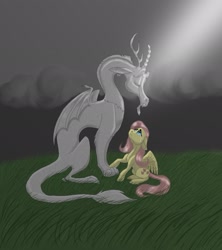 Size: 2115x2387 | Tagged: safe, artist:pinstriped-pajamas, imported from derpibooru, discord, fluttershy, draconequus, pegasus, pony, crepuscular rays, crying, discoshy, female, floppy ears, grass, looking up, male, mare, outdoors, overcast, petrification, sad, shipping, sitting, straight, teary eyes