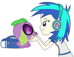 Size: 1448x1114 | Tagged: safe, deleted from derpibooru, imported from derpibooru, dj pon-3, spike, vinyl scratch, dog, human, equestria girls, affection, female, male, shipping, smiley face, spike the dog, straight, vinylspike