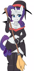 Size: 989x2038 | Tagged: safe, artist:tiroil, imported from derpibooru, rarity, anthro, unicorn, bare shoulders, broom, clothes, costume, female, halloween, holiday, midriff, simple background, smiling, solo, white background, witch