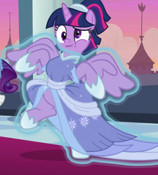 Size: 900x1000 | Tagged: safe, imported from derpibooru, screencap, rarity, twilight sparkle, alicorn, pony, the last problem, alternate hairstyle, clothes, coronation dress, cropped, dress, female, hoof shoes, magic, mare, puffy cheeks, raised eyebrow, solo focus, twilight sparkle (alicorn)