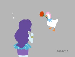 Size: 1002x760 | Tagged: safe, artist:5mmumm5, imported from derpibooru, pinkie pie, rarity, bird, goose, equestria girls, bow, bracelet, clothes, dress, exclamation point, flower, gray background, implied lesbian, implied raripie, implied shipping, jewelry, rose, simple background, species swap, untitled goose game