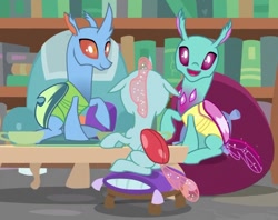 Size: 637x505 | Tagged: safe, imported from derpibooru, screencap, carapace (character), carapace (g4), ocellus, spiracle, changedling, changeling, a horse shoe-in, cropped, father and daughter, female, male, mother and daughter, sitting, smiling