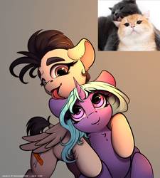 Size: 2250x2500 | Tagged: safe, artist:skitsniga, artist:skitsroom, imported from derpibooru, oc, oc only, oc:eleane tih, oc:mayata, cat, pegasus, pony, unicorn, behaving like a cat, caught, cute, ear licking, female, looking at each other, mare, photo, ponified animal photo, simple background
