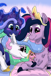 Size: 1584x2376 | Tagged: safe, artist:firefanatic, imported from derpibooru, luster dawn, princess celestia, princess luna, twilight sparkle, alicorn, pony, unicorn, the tiny apprentice, the last problem, alternate hairstyle, alternate mane style, blushing, chest fluff, constellation freckles, cuddling, cushion, cute, female, filly, freckles, missing accessory, princess twilight 2.0, prone, size difference, smiling, style emulation, twilight sparkle (alicorn)