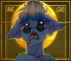 Size: 1405x1200 | Tagged: safe, artist:honeytoxant, imported from derpibooru, oc, oc only, pony, unicorn, abstract background, ahegao, bust, crying, drool, eyes rolling back, heart eyes, horn, open mouth, solo, sunglasses, tears of pleasure, unicorn oc, wingding eyes, ych result
