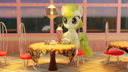 Size: 3840x2160 | Tagged: safe, artist:gabe2252, imported from derpibooru, minty green, pony, unicorn, 3d, blender, female, mare, milkshake, restaurant