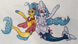 Size: 1024x589 | Tagged: safe, artist:mesuyoru, imported from derpibooru, princess skystar, mermaid, seapony (g4), my little pony: the movie, crossover, pokémon, primarina, simple background, traditional art