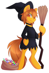 Size: 3068x4531 | Tagged: safe, artist:scarlet-spectrum, imported from derpibooru, oc, oc only, oc:zip circuit, earth pony, pony, bag, bipedal, broom, candy, clothes, collar, crossdressing, food, halloween, hat, holiday, looking at you, male, simple background, smiling, solo, stallion, transparent background, witch, witch costume, witch hat