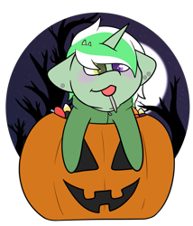 Size: 827x966 | Tagged: safe, artist:melonzy, imported from derpibooru, oc, oc only, oc:jester pi, pony, unicorn, candy, chibi, food, halloween, holiday, lollipop, night, pumpkin, pumpkin bucket, simple background, small, smiling, solo, transparent background, tree