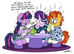 Size: 2380x1732 | Tagged: safe, artist:bobthedalek, imported from derpibooru, starlight glimmer, sunburst, twilight sparkle, pony, unicorn, bathrobe, bed mane, clothes, clothes swap, cup, female, implied sex, male, morning ponies, newspaper, pajamas, robe, shipping, starburst, straight, sudden realization, teacup, teapot, twilight is not amused, twilight sparkle is not amused, unamused