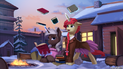 Size: 1920x1080 | Tagged: safe, artist:discordthege, imported from derpibooru, oc, oc only, pony, unicorn, book, braid, clothes, duo, female, fire, fortress, glasses, magic, male, mare, prone, reading, skirt, snow, stallion, sunset, sweater, telekinesis, tree, unshorn fetlocks