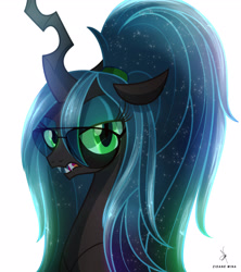 Size: 3000x3374 | Tagged: safe, artist:zidanemina, imported from derpibooru, queen chrysalis, changeling, changeling queen, alternate hairstyle, bust, changelings in the comments, digital art, dork, dorkalis, ethereal mane, female, glassalys, glasses, green eyes, high res, nerd, open mouth, ponytail, simple background, solo, starry mane, white background