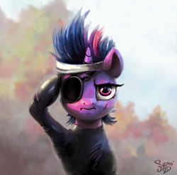 Size: 1500x1477 | Tagged: safe, artist:nemo2d, imported from derpibooru, twilight sparkle, pony, unicorn, alternate hairstyle, big boss, catsuit, clothes, eyepatch, female, future twilight, headband, mare, press f to pay respects, salute, solo, torn clothes, unicorn twilight