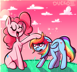 Size: 1044x980 | Tagged: safe, artist:duckoiii, imported from derpibooru, pinkie pie, rainbow dash, earth pony, pegasus, pony, annoyed, blushing, chest fluff, cross-popping veins, duo, eyes closed, female, floppy ears, head pat, mare, no tail, open mouth, pat, petting, white pupils