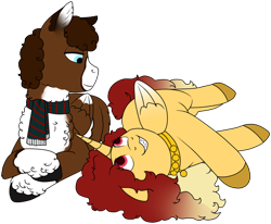 Size: 964x794 | Tagged: safe, artist:69beas, imported from derpibooru, oc, oc only, oc:jessie feuer, oc:luke pineswood, alicorn, pegasus, pony, clothes, coat markings, collar, colored hooves, digital art, duo, female, fluffy, folded wings, hoof fluff, looking at each other, lying down, male, mare, pinto, scarf, simple background, stallion, transparent background, wings