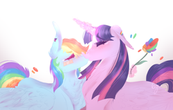 Size: 4000x2544 | Tagged: safe, artist:6-fingers-lover, imported from derpibooru, rainbow dash, twilight sparkle, alicorn, pegasus, pony, bandaid, cheek fluff, chest fluff, ear fluff, female, floppy ears, flower, kissing, lesbian, magic, shipping, twidash, twilight sparkle (alicorn)