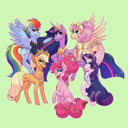 Size: 1980x1980 | Tagged: safe, artist:riocin765, imported from derpibooru, applejack, fluttershy, pinkie pie, rainbow dash, rarity, twilight sparkle, alicorn, earth pony, pegasus, pony, unicorn, the last problem, applejack's hat, candy, chest fluff, clothes, cowboy hat, crown, cutie mark, female, food, hat, hoof shoes, jacket, jewelry, looking at you, mane six, mare, neckerchief, older, older applejack, older fluttershy, older pinkie pie, older rainbow dash, older rarity, open mouth, peytral, princess twilight 2.0, raised hoof, regalia, robe, sitting, smiling, spread wings, teddy bear, twilight sparkle (alicorn), wings