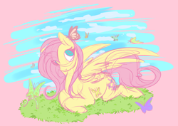 Size: 1136x804 | Tagged: safe, artist:sakuraglimertamura, imported from derpibooru, fluttershy, butterfly, pegasus, pony, cute, female, looking at something, looking up, mare, outdoors, partial background, prone, shyabetes, sky, solo, spread wings, three quarter view, wings