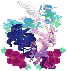 Size: 1280x1360 | Tagged: safe, artist:dreameeblue, artist:honeybonniebunny, imported from derpibooru, princess cadance, princess celestia, princess luna, twilight sparkle, alicorn, pony, alicorn tetrarchy, big crown thingy, crown, element of magic, female, flower, jewelry, mare, open mouth, regalia, rose, simple background, twilight sparkle (alicorn), white background