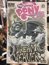 Size: 1536x2048 | Tagged: safe, artist:andypriceart, idw, imported from derpibooru, princess luna, tiberius, alicorn, opossum, pony, spoiler:comic, spoiler:comic35, cloud, female, looking at you, mare, marker drawing, onomatopoeia, sleeping, solo, sound effects, traditional art, zzz