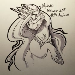 Size: 943x943 | Tagged: safe, artist:mychelle, imported from derpibooru, princess celestia, pony, female, inktober, inktober 2019, monochrome, solo, traditional art