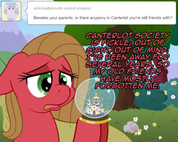 Size: 1000x800 | Tagged: safe, artist:erockertorres, imported from derpibooru, oc, oc only, oc:pun, earth pony, pony, ask pun, ask, canterlot castle, female, mare, snow globe, solo