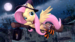 Size: 3840x2160 | Tagged: safe, artist:owlpirate, imported from derpibooru, fluttershy, pegasus, pony, 3d, 4k, book, broom, clothes, colored eyebrows, cute, female, flying, flying broomstick, full moon, halloween, hat, holiday, lantern, mare, moon, mop, night, revamped ponies, shyabetes, smiling, socks, solo, source filmmaker, striped socks, witch, witch hat