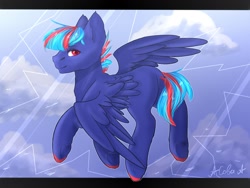 Size: 1250x938 | Tagged: safe, artist:ilona furry, imported from derpibooru, oc, oc:hellfire, pegasus, pony, blue fur, cloud, colt, flying, foal, male, red eyes, sky, wings