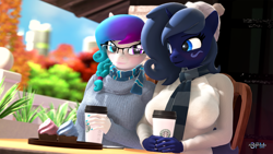 Size: 1920x1080 | Tagged: safe, artist:anthroponiessfm, imported from derpibooru, oc, oc only, oc:aurora starling, oc:midnight music, anthro, earth pony, unicorn, 3d, anthro oc, autumn, beanie, blurred background, blurry background, blushing, clothes, coffee, cupcake, cute, daaaaaaaaaaaw, duo, explicit source, female, food, glasses, hat, heterochromia, looking at each other, mare, scarf, signature, source filmmaker, starbucks, sweater