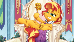 Size: 3840x2160 | Tagged: safe, artist:pirill, imported from derpibooru, derpy hooves, flash sentry, sunset shimmer, pony, unicorn, the last problem, banner, bush, canon, cape, cheek fluff, clothes, column, crown, cutie mark, female, flower, grin, happy birthday mlp:fim, jewelry, mare, mlp fim's ninth anniversary, on side, regalia, scepter, side, sitting, smiling, smug, solo focus, throne, throne room, twilight scepter