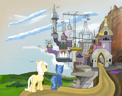 Size: 2532x2000 | Tagged: safe, artist:firefoxd, imported from derpibooru, oc, oc only, oc:anonymous, oc:deca mare, earth pony, pegasus, pony, fanfic:shape your home, canterlot, canterlot castle, construction, drone, happy birthday mlp:fim, mlp fim's ninth anniversary, new canterlot