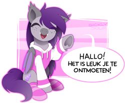 Size: 1516x1254 | Tagged: safe, artist:sickly-sour, imported from derpibooru, oc, oc only, oc:lilac lily, bat pony, pony, bat pony oc, clothes, dialogue, dutch, eyes closed, freckles, happy, hoodie, simple background, sitting, smiling, socks, solo, speech, speech bubble, striped socks, transparent background