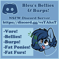 Size: 2050x2050 | Tagged: safe, artist:mulberrytarthorse, imported from derpibooru, oc, oc only, oc:huckleberry bleu, pony, advertisement, burp, chubby, discord (program), fat, fat stuff, fetish, server, vore