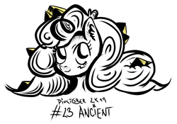 Size: 3250x2278 | Tagged: safe, artist:coco-drillo, imported from derpibooru, pinkie pie, earth pony, pony, ancient, ancient egypt, bust, curly mane, ear fluff, egypt, female, inktober, monochrome, ornaments, pinktober, pyramids, solo, swirls