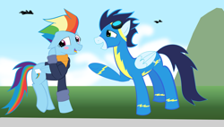 Size: 8688x4944 | Tagged: safe, artist:mr100dragon100, imported from derpibooru, rainbow dash, soarin', pony, female, male, shipping, soarindash, straight, wonderbolts