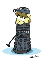 Size: 1277x1753 | Tagged: safe, artist:bobthedalek, imported from derpibooru, oc, oc only, oc:kettle master, earth pony, pony, dalek, doctor who, peeking, pun, simple background, solo