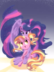 Size: 2400x3200 | Tagged: safe, artist:hananpacha, imported from derpibooru, luster dawn, twilight sparkle, alicorn, pony, unicorn, the last problem, digital art, duo, ethereal mane, female, high res, hug, hug from behind, mare, older, older twilight, princess twilight 2.0, sitting, starry mane, twilight sparkle (alicorn)