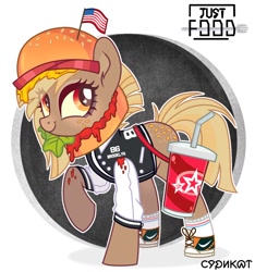 Size: 1280x1370 | Tagged: safe, artist:syriskater, imported from derpibooru, oc, oc only, oc:patty (ice1517), earth pony, pony, abstract background, american flag, bag, burger, cheese, clothes, converse, cup, earth pony oc, eyelashes, female, flag, food, freckles, hamburger, hat, heart eyes, jersey, ketchup, lettuce, mare, markings, raised hoof, sauce, shoes, smiling, socks, soda, solo, tomato, wingding eyes