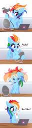 Size: 1243x4922 | Tagged: safe, artist:omi, imported from derpibooru, rainbow dash, pegasus, pony, alternate hairstyle, argument in the comments, cheek fluff, chest fluff, comic, computer, cup, cute, dashabetes, dialogue, drinking, drinking straw, ear fluff, female, hair dryer, high res, laptop computer, mare, mirror, mohawk, onomatopoeia, sipping, solo, spoilers in the comments, table